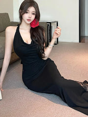 Lunivop Sexy Black Lace Hollowed Halter Dresses Women Off Shoulder Backless Slim Mermaid Long Dress High Fashion Party Outfits Vestidos