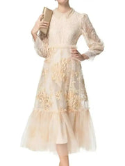 Lunivop Color Block Spliced Ruffles Sweet Dresses Women Lapel Long Sleeve Embroidery Midi Dresses Female 2025 Spring New