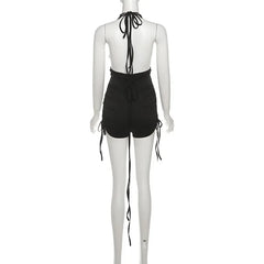 Lunivop Lace Up Drawstring Ruched Slim Playsuits Women Solid Fashion Sexy Deep V Neck Halter Backless Booty Lifting Rompers Streetwear