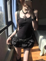 Lunivop Y2k Black Square Neck Sexy Dress for Women Summer Slim Waist Ruched Cake Dresses 2025 New Sleeveless Vestidos De Mujer