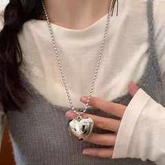 Lunivop Y2K Silver Color Love Heart Pendant Necklace For Women Simple Metal Long Round Bead Sweater Chain Necklace Aesthetic Jewelry