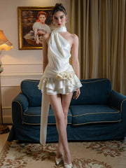 Lunivop Satin Sexy Backless 3D Flowers Women Dress White Halter A-line Dress Female Spring Slim Elegant Party Clubwear Vestidos