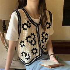 Lunivop Daisy Crochet Vest for Women Sleeveless Button Down Open-knit Sweater Top Summer Teen-girl Boho Vacation Outfit