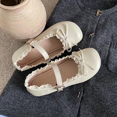 Lunivop Women's Flat Shoes Vintage Round Toe Elegant Bow Lace Ruffled Ballet Shallow Flats Fashion Comfortable Soft Mary Jane Shoes
