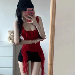 Lunivop Red Three-dimensional Rose Mesh Ruffle Tank Top Irregular Slim Fit Camisole Vest for Women 2025 Summer New Sweet Crop Tops
