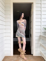 Lunivop Tie-dye Pink Print O-nreck T-shirt for Women Mesh Long Sleeve Slim Fit Tops Mujer 2025 Summer New Bottoming Tee Shirt