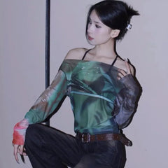 Lunivop Women's Europe and the United States in the fall new mesh printing a word strapless head long-sleeved casual women's tops