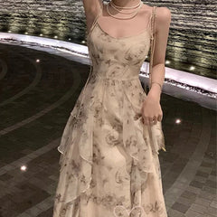 Lunivop Elegant Floral Chiffon Midi Dresses for Women Holiday Long Dress Sleeveless Vintage Dress Fairy Slim Party Casual