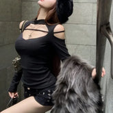 Lunivop American Strapless Hollow Black Long-sleeved T-shirt Women 2025 Spring New High Street Fashion All Match Sexy Slim Tops