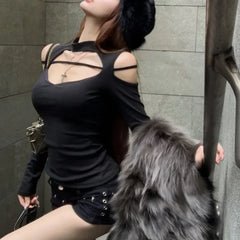 Lunivop American Strapless Hollow Black Long-sleeved T-shirt Women 2025 Spring New High Street Fashion All Match Sexy Slim Tops