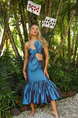 Lunivop Designs Navy Blue Satin Prom Party Dress Spaghetti Strap Bow Mid Length Ladies Gown Pretty Trumpet Mermaid Homecoming Dresses