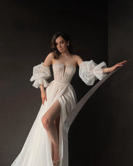 Lunivop Strapless Beads Detachable Puff Sleeves Shiny White Tulle Wedding Dress High Side Slit Zipper Back Bridal Gowns Vestidos De Novi