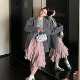 Lunivop Women Pink Ruffled Skirts Elegant Korean Style High Waist Elastic Waist Asymmetric Lace Layered Short Skirts Mesh Skirt