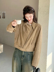 Lunivop Retro Biker Faux Suede Jacket Women Fall Casual Long Sleeve Slim Short Coat Streetwear American Hip Hop Harajuku Tops New