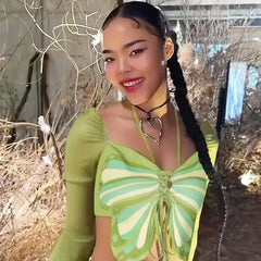 Lunivop Halter Butterfly Print Long Sleeve High Waist Crop Top Tshirts Summer Y2K Streetwear 2024 Fashion Casual Clothes