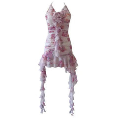 Lunivop New Floral Ruffle 3D Flower Decoration Cute Women Dress Halter Neck Backless Sleeveless Short Dresses Female