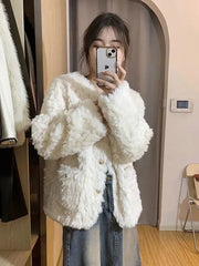 Lunivop Winter Sweet Korean Faux Lamb Coat Women Vintage Warm Thick Long Sleeve Cute Jacket Casual O Neck Pockets Elegant White Tops New