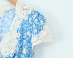 Lunivop Women Retro French Style Blue Floral Print Spliced Lace V neck Short Sleeve Dress Summer Viscose Cotton Long Dresses Vestidos