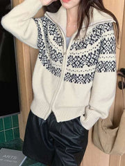 Lunivop Print Retro Zipper Cardigan Women Loose Turtleneck Long Sleeve Korean Knitted Sweaters Vintage Female Casual Sweet Tops New