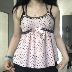 Lunivop Japanese New Lovely Vintage Camis Lovely Polka Dot Lace Patchwork Tanks Slim Strapless Sling Y2K Goth Casual Soft Tees
