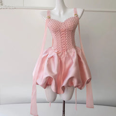 Lunivop French Style Polka Dot Slip Women Dress Brooch Zipper Lace-Up Pearl Flower Bud Short Dresses Female 2025 Spring New