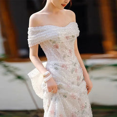 Lunivop Temperament Slash Neck Mesh Short Sleeve Fairy Prom Dress Sweet Floral Printed Exquisite Sequin Mermaid Train Robe Bo formal dress