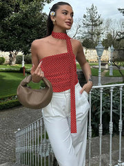 Lunivop Sexy Strapless Print Polka Dot Women Tank Top Black Backless Ribbon Tank Top Female Spring Slim Elegant Streetwear 2025