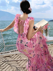 Lunivop French Chic Ruffles Floral Print Dresses For Women Backless Beach Style Cake Dress Female Long Vestidos Summer Maxi Dress