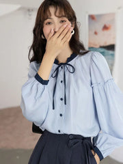 Lunivop Sweet Retro Blue Blouse Women Elegant Long Sleeve Japan Shirt Fall Loose Preppy Style Ruffles Lace Up Vintage Lady Tops New