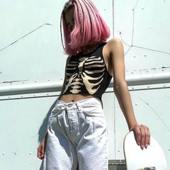 Lunivop Summer Tops Women Punk Vintage Cosmic Skeleton printing Tank Black Goth Clothes Harajuku O-neck Short Sleeve Crop Top T Shirt