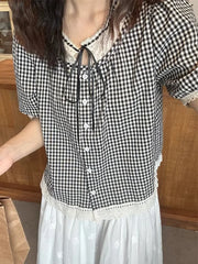 Lunivop Sweet Vintage Women Plaid Blouse Casual Preppy Style Lace Patchwork Loose Shirt Cute Retro Female Short Sleeve Lace Up Tops