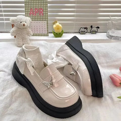 Lunivop Woman Footwear with Medium Heels Kawaii Metal Decoration Normal Leather Casual Beige Shoes for Women Round Toe Cute Loafers A E