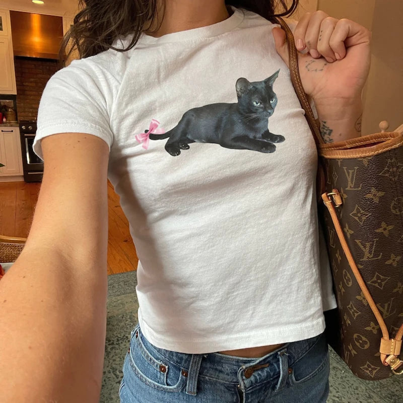 Lunivop Cat With Bow Preppy Baby Tee Coquette Clothing 90s Style Short Sleeve Tee For Women Aesthetic Clothing Cat lover Top Y2k T-shirt