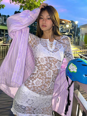Lunivop Sexy See Through Lace Women Dress White Off Shoulder Flare Sleeve Dress Female Spring Slim Elegant Party Streetwear