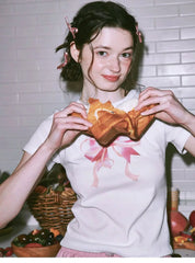 Lunivop South Korea's original niche design 2024 summer Spice girls short top bow round neck short-sleeved T-shirt sweet and spicy girl