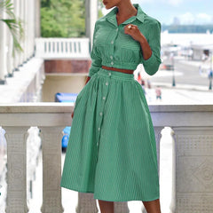 Lunivop Elegant Blue Stripe Skirt Sets for Women 2 Pieces Fashion Long Sleeve Button Short Shirt and High Waist Pleated Skirts