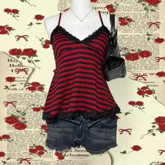 Lunivop Streetwear Off Shoulder Trendy Hip Hop Crop Top Europe Punk Style Stripe Slim Tanks Lace Patchwork Casual Fashion Mujer
