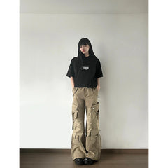 Lunivop American Vintage High Waist Emo Straight Jeans Women's Casual Cargo Pants Baggy Y2K Wide Leg Grunge Street Washed Denim Trouser