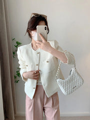 Lunivop White Elegant Tweed Jacket Women Slim Long Sleeve O Neck Chic Sweet Short Coat Fall Winter French Female Fashion New Tops
