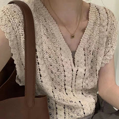 Lunivop Summer Crochet Top Women Sheer Openwork V-neck Sleeveless Knit Tank Blouse Beach Boho Vacation Outfit
