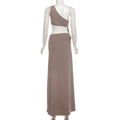 Lunivop Women Sexy Metal Buckle Ruched Hollow Out Asymmetrical Maxi Party Dress One Shoulder Sleeveless Backless Evening Gown Long Robe