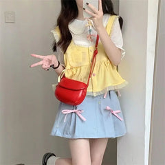 Lunivop Summer Academy Style Solid Color Doll Neck Top Short Sleeved Tank Top Vest Vest High Waist Solid Color Bow Women's Short Skirt