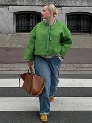 Lunivop Bow Lace Up O-neck Women's Tweed Jackets Casual Long Sleeved Coats For Woman Autumn Winter Elegant Short Green Outwear Tops