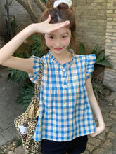 Lunivop Women Sweet Plaid Shirt Casual Preppy Style Flying Sleeve Cute Blouse Korean Summer O Neck Sleeveless Lady Vintage Tops New