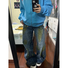 Lunivop Blue High Waist Women Jeans Feeling Vintage Straight Casual Baggy Streetwear Y2K Ripped Wide Leg Female Trouser Denim Pants