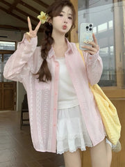 Lunivop See Through Sun Proof Shirt Women Loose Sweet Long Sleeve Elegant Blouse Sexy Fashion Female Summer Chic Korean Tops New
