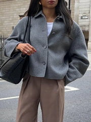 Lunivop Woolen Turn-down Collar Short Jackets Women Casual Solid Single-Breasted Jacket Female Autumn Winter Chic Office Overcoat Tops