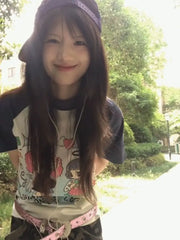 Lunivop Women T Shirts Cartoon Printed Patchwork Vintage Y2k Tops Summer 2025 Fashion O Neck Funny Sweet Female Casual Tshirt