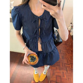 Lunivop Camisas Blusa Feminina Striped Lace Up Shirt Fairy Japanese Kawaii Cuteore Summer Shirts & Blouses Mujer