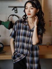 Lunivop Loose Retro Plaid Shirt Women Short Sleeve Casual Vintage Blouse Summer All Match Japan Preppy Style Single Breasted Tops